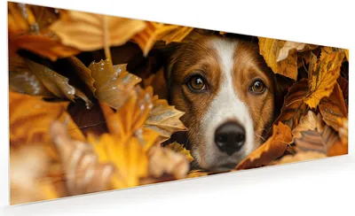 Produktbild von Küchenrückwand Spritzschutz Glas mit Motiv Hund im Herbstlaub 40 x 40 cm