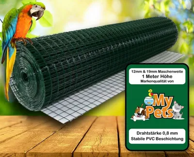 A roll of green wire mesh is displayed on a wooden surface with a parrot perched on it. A green informational overlay is present on the right side.