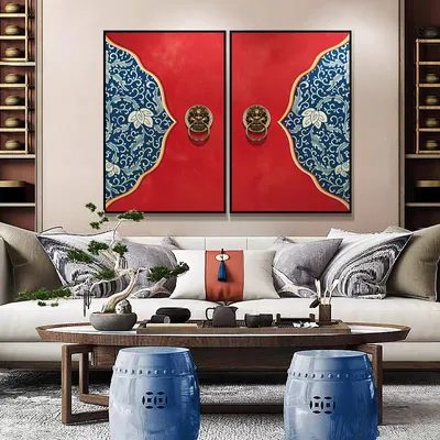Produktbild von Fine Asianliving Ölgemälde 100% Handgemalt Rahmen Schwarz 60x120cm Chinesische Türen Set/2