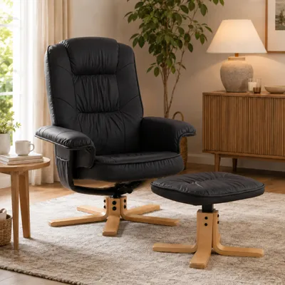Produktbild von Relaxsessel M56, Fernsehsessel TV-Sessel mit Hocker Ottomane, Kunstleder Eukalyptus Holz - schwarz