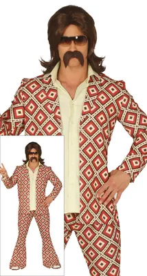 Productafbeelding van Jaren '70 feestoutfit, ruitpatroon, carnaval kostuum, wijde broek, retro vintage set, maat: 54 - 56 (XL), kleur: meerkleurig