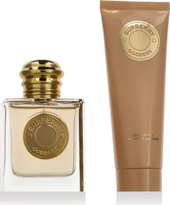A perfume bottle and a lotion tube are displayed side-by-side against a white background.