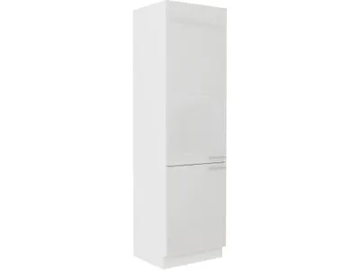 A tall, white cabinet with two doors and a horizontal line dividing them.