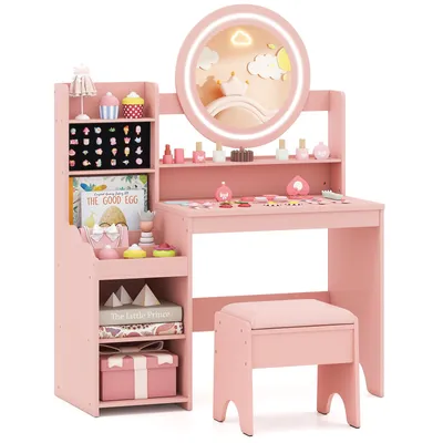A pink children's vanity table with a mirror, shelves, and a stool, set against a white background.