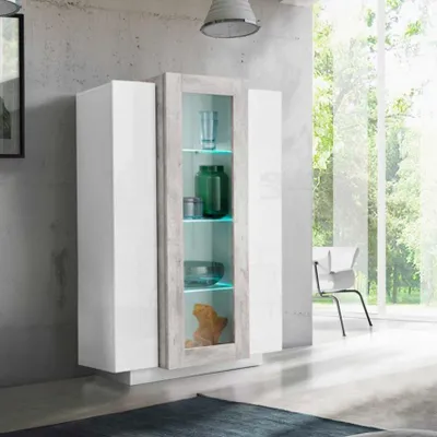 Produktbild von Design Wohnzimmer-Vitrine 120 cm glänzend weiß grau Corona