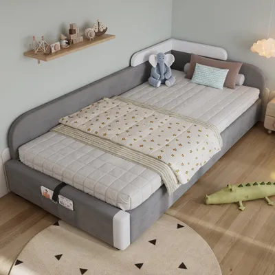 Image de Lit enfant capitonné avec espace de rangement - 90x200 cm - Gris