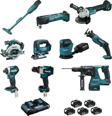 Image de Pack 10 outils MAKITA LOT0309 18V 5 x 5.0 Ah (DCL180 - DHP486 - DTD154 - DGA506 - DHS680 - DHR243 - DTM51 - DJR183 - DJV182 -DBO180)