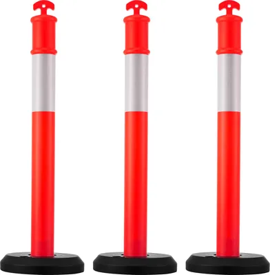 Obrázok produktu pre SucceBuy sada 3 stĺpikov na kontrolu dopravy (114 cm) s vyplniteľnou základňou a reflexnými pásmi, výstražné stĺpiky na staveniská, parkoviská a zábrany na kontrolu davu, červená farba