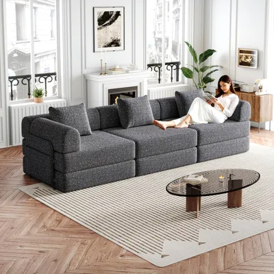 Obrázek produktu pro okwish 3-dílná sada 2-v-1 Rozkládací postel/Relaxační křeslo s područkami a úložným prostorem, skládací denní postel s kovovým rámem a protiskluzovou podložkou, Šedá