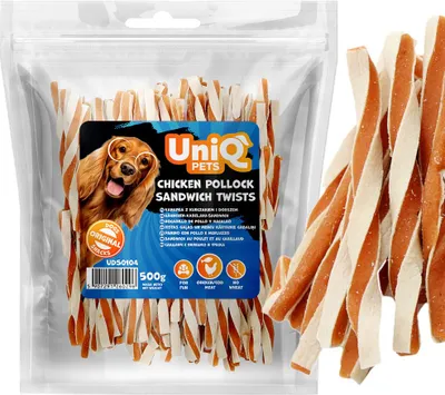 Image de Friandise pour chiens, snack-sandwich au poulet et au cabillaud UniQ Pets 500g