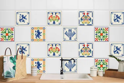 Produktbild von 24 Stück Laminierter Fliesenfolie Fliesenaufkleber für Küche und Bad Folklore Arabeske 15 x 15 cm