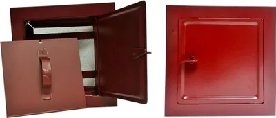 A collage of two images showing a red metal fireplace insert door. The left image shows the door open with the interior visible, and the right image shows the door closed.