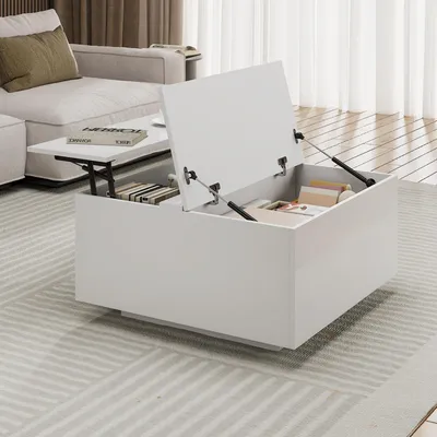 Produktbild von Radelldar Höhenverstellbarer Couchtisch mit klappbarer Hochglanzplatte und Stauraum, 75 x 75 x 40-53 cm, Weiß