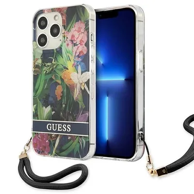A phone case with a floral pattern and a strap, shown next to a smartphone.