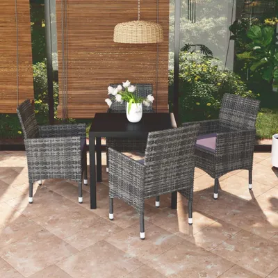 Image de The Living Store Ensemble de jardin 5 pièces avec coussins Poly Rattan Gris
