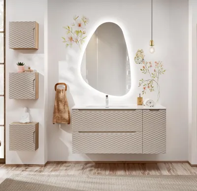 Productafbeelding van Badmeubelset 6-delig, badkameraccessoireset LAXY, eikenhout, beige, met plank aan de rechterkant, inclusief wastafel