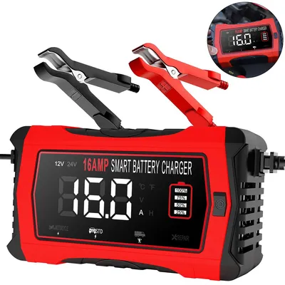 Produktbild von Smart Batterieladegerät 12V/24V 16A, automatisches KFZ Ladegerät, LCD Display, Winter/Sommer Modus, Schutzfunktionen, für Auto, LKW, Motorrad