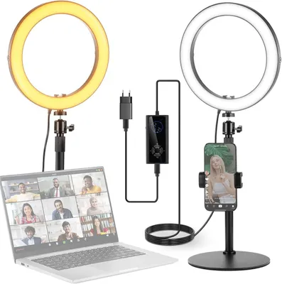 Image de Lampe annulaire avec support – Lumière pour selfies – Enregistrements vidéo – Réglable en deux couleurs – 25 cm – Noir