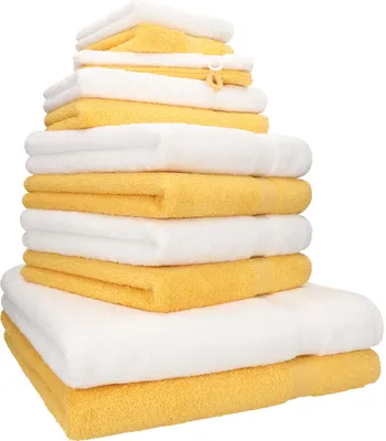 Produktbild von Betz 12-tlg. Handtuch-Set PREMIUM 2 Duschtücher 4 Handtücher 2 Gästetücher 2 Seiftücher 2 Waschhandschuhe  Farbe: weiss / honiggelb