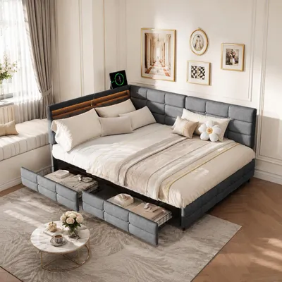 Produktbild von INONEFT polsterbett 140 × 190 cm mit Stauraum, jugendbetten mit Lattenrost, Doppelbett mit 2 Schubladen, mit USB und LED, Leinen, grau, ohne Matratze, KI-generiertes Bild