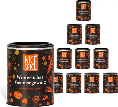 Produktbild von NICE SPICE Winterliches Gemüsegewürz, 10 Dosen (10 x 75g), Gewürzmischung für winterliche Gerichte, Gemüseauflauf, Geschenk für Gourmets, Gewürzvorrat