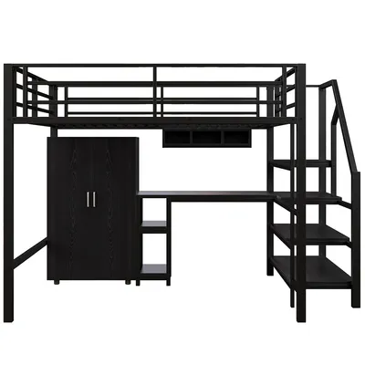 Produktbild von Flieks Etagenbett 140x200cm mit Kleiderschrank, Hochbett Metallbett mit Schreibtisch, Kinderbett Jugendbett Doppelbett mit Regal, Stockbett Schwarz