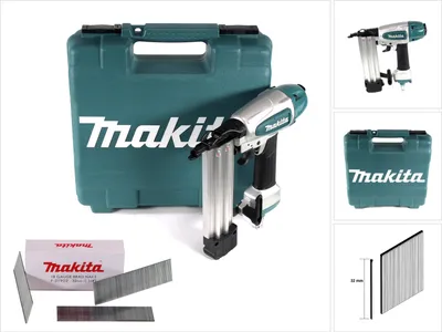 A collage of images showing a nail gun, its case, and nails.