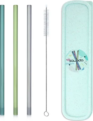 Produktbild von Wiederverwendbare Glas Strohhalme | 3 Stk | Bunte Cocktail Trinkhalme | Nachhaltige Glasstrohhalme | 20cm | Grün, Türkis, Grau