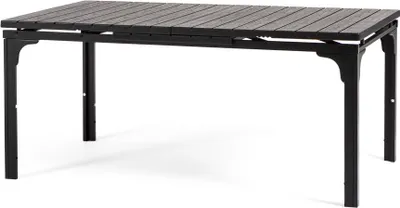 A black metal outdoor table with a slatted wood-effect tabletop is shown against a white background.