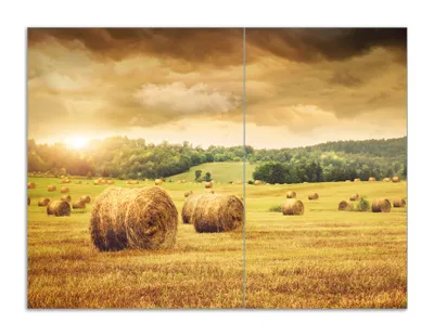 Produktbild von Wallario Herdabdeckplatte aus Glas, Größe 70 x 52 cm 2-teilig, Motiv Strohballen auf dem Feld bei Sonnenuntergang