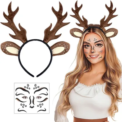 Produktbild von Halloween Kostüm Reh Geweih Haarreif mit Blumen & Gesichtstattoo für Damen & Kinder