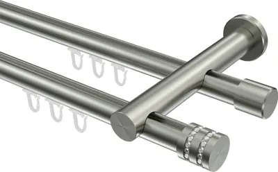 Produktbild von Interdeco Innenlaufstange / Gardinenstange mit Innenlauf Edelstahl-Optik, Typ Platon Estana (Glitzerkappe), 20 mm Ø 2-läufig, 600 cm