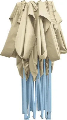 A folded pop-up tent frame with tan fabric draped over it, shown against a white background.