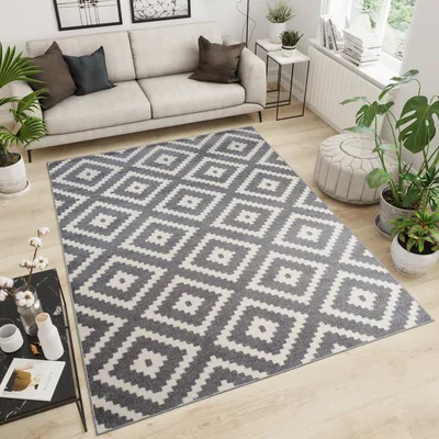 Produktbild von Teppich Wohnzimmer Schlafzimmer Kurzflor Modern Design Geometrisch Diamant Karo Kariert Grau Creme Küche  120 x 170 cm