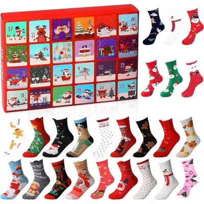 Produktbild von Adventskalender Socken 12 Paar Damen Herren 2025 Weihnachtsmuster Baumwolle