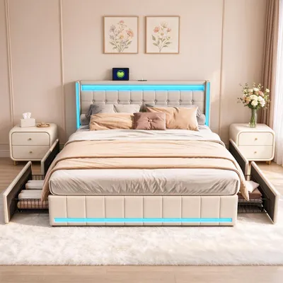 Produktbild von INONEFT Doppelbett 140×190 cm, Polsterbett aus Leinen mit 4 Schubladen, Stauraumbett Jugendbett mit Lattenrost und LED, USB-Ladefunktion, Beige