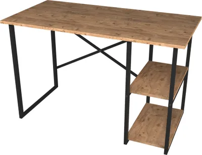 A desk with shelves against a white background.