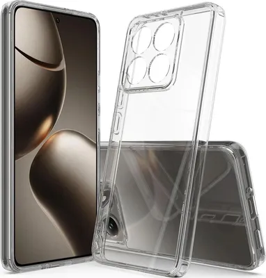 A clear phone case is shown next to a smartphone.