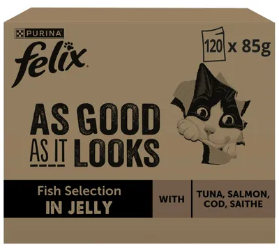 Imagen del producto de Felix Fantastic Karma para Gatos, sabor a pescado, en gelatina. 120 unidades de 85g cada una. Sabores: atún, salmón, bacalao, lenguado