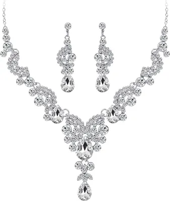 Produktbild von 1 Set Schmuckset Halskette Ohrringe r Strass Exquisite funkelnde farblich passende Anhänger Halskette Lange hängende Ohrringe Braut Hals Ohr Dekoration Schmuck