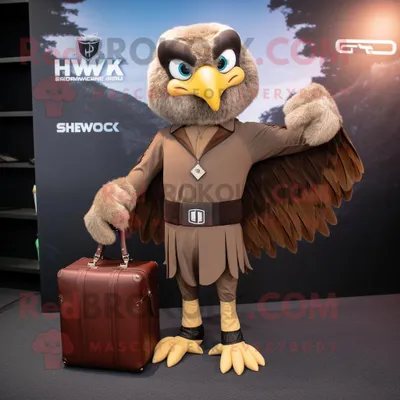 Immagine prodotto di Personaggio in costume della mascotte REDBROKOLY di Brown Hawk vestito con pantaloni da yoga e valigette