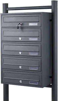 A dark gray, multi-compartment mailbox unit mounted on a stand.