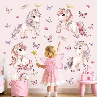 Productafbeelding van Unicorn Wanddecoratie Wandstickers voor Meisjeskamer - Roze Eenhoorn Regenboog Hart Wanddecoraties - Zelfklevende PVC Muurstickers voor