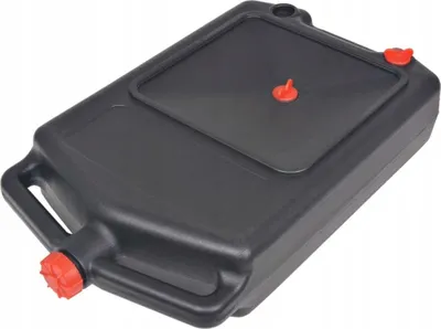 A black oil drain pan with red caps, shown from a slightly elevated angle against a white background.