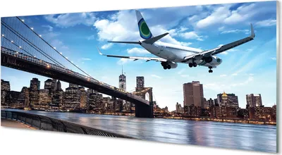 Produktbild von Glasbilder 125x50 Wandkunst Flugzeug Wolken Stadt