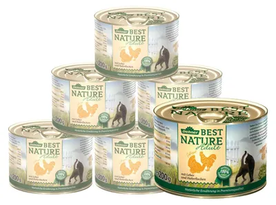 Produktbild von Dehner Best Nature Katzenfutter, Nassfutter, für ausgewachsene Katzen, Geflügel / Leber / Haferflocken, 6 x 200 g (1.2 kg)