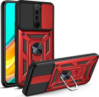 Produktbild von Redmi 9 Hülle mit 360° Drehbarer Magnetische Ring Ständer Halter Dia Kameraschutz TPU Bumper Silikon Schutzhülle für Xiaomi Redmi 9 Rot