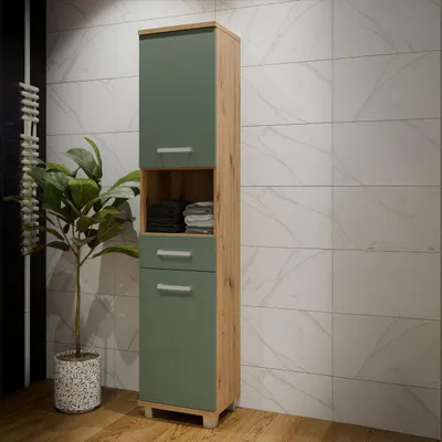 Produktbild von Forte VERIS Badschrank 40, hoher Badezimmerschrank mit 2 Türen, 1 Schublade und 1 offenem Fach, Holzwerkstoff, Salbei mit Artisan Eiche Holzdekor, 40,2 cm breit x 186,8 cm hoch x 34,8 cm tief