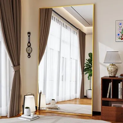 Produktbild von Famanu Standspiegel 89 x 198 cm - Robuster Ganzkörperspiegel mit schmalem Aluminiumrahmen, goldfarben