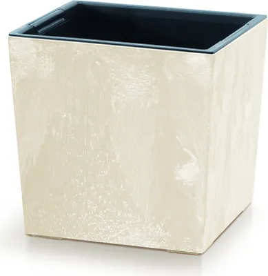 A square planter with a textured cream exterior and a black interior.